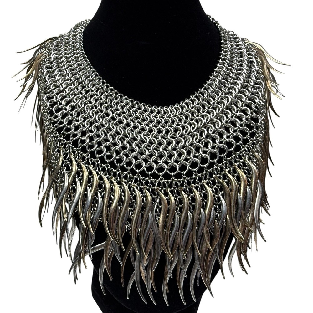 Bold Chainmaille Collar Statement Necklace Silver and Gold Tone Metallic Fringe